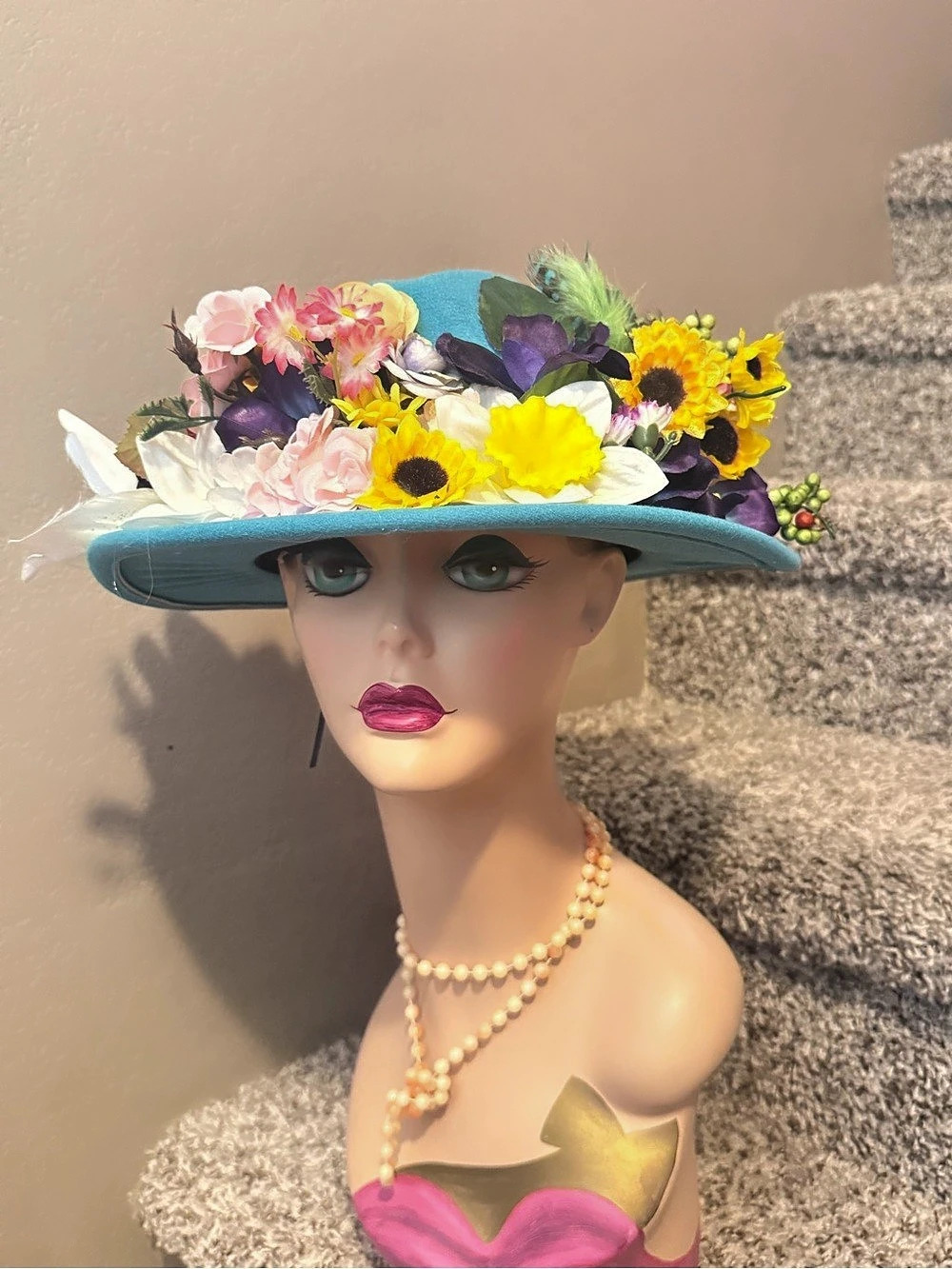 Floral Embellished Blue hat lucky